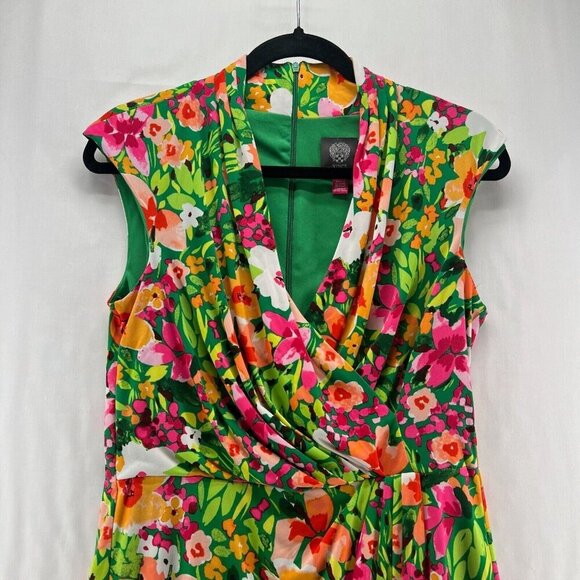 Vince Camuto Dress 8 Faux Wrap Sheath Knee Length Floral Print Cap Sleeve Green - Picture 3 of 11